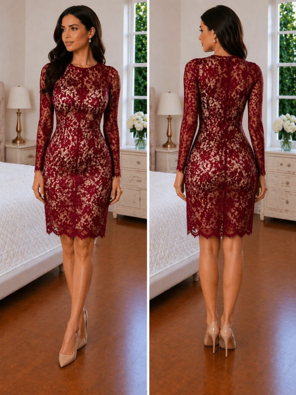 Dress the Population Red Floral Lace Sleeved Dress $232